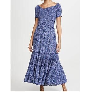 Poupette St. Barth Soledad Maxi Dress Blue Wild Off Shoulder Boho Resort NWT